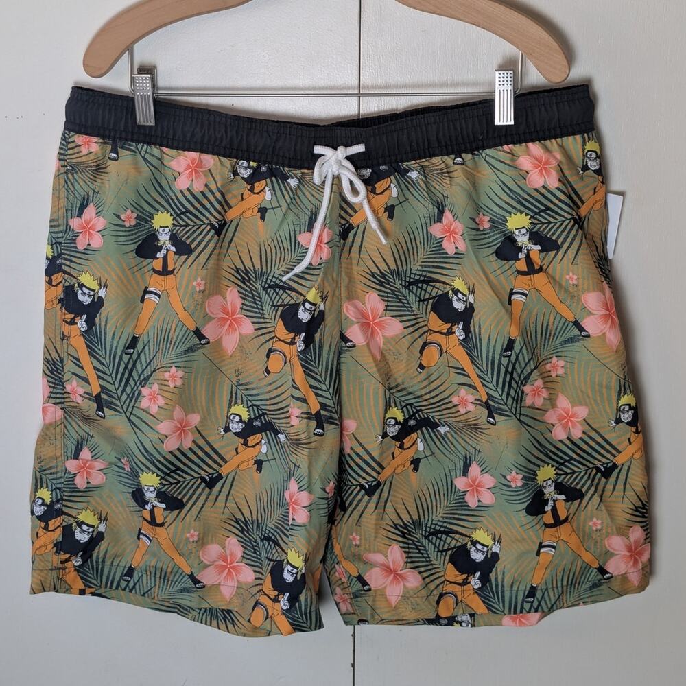 Naruto Mens Green & Orange Swim Shorts Large